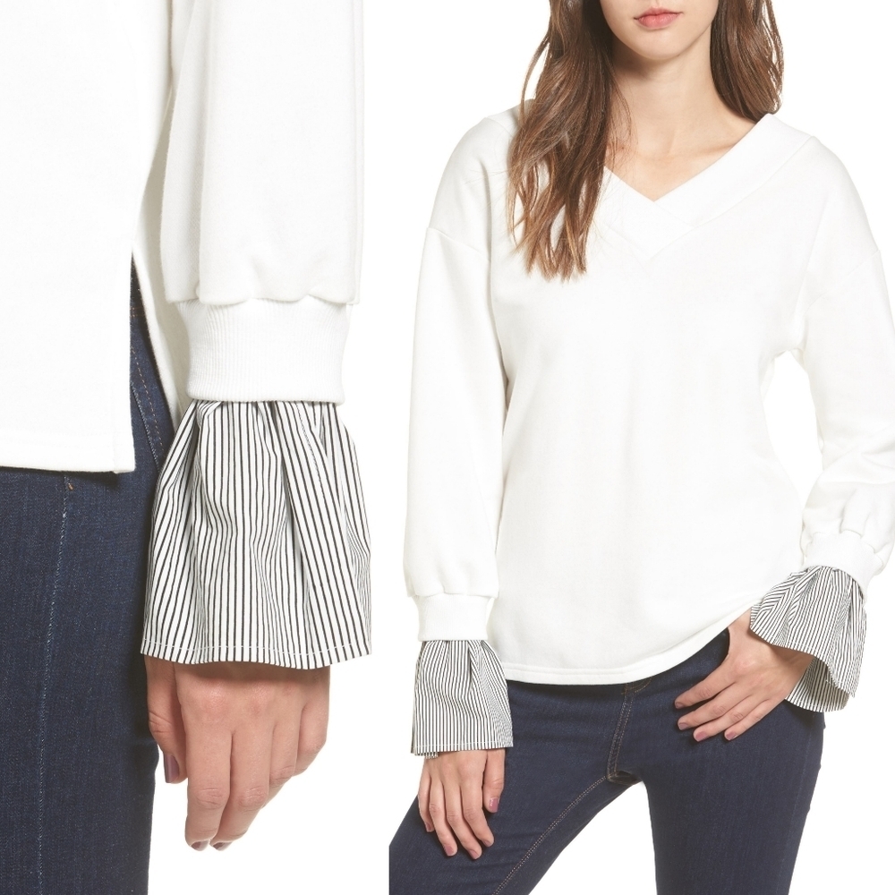 J.O.A. V-Neck Ruffle Cuff White Sweatshirt
